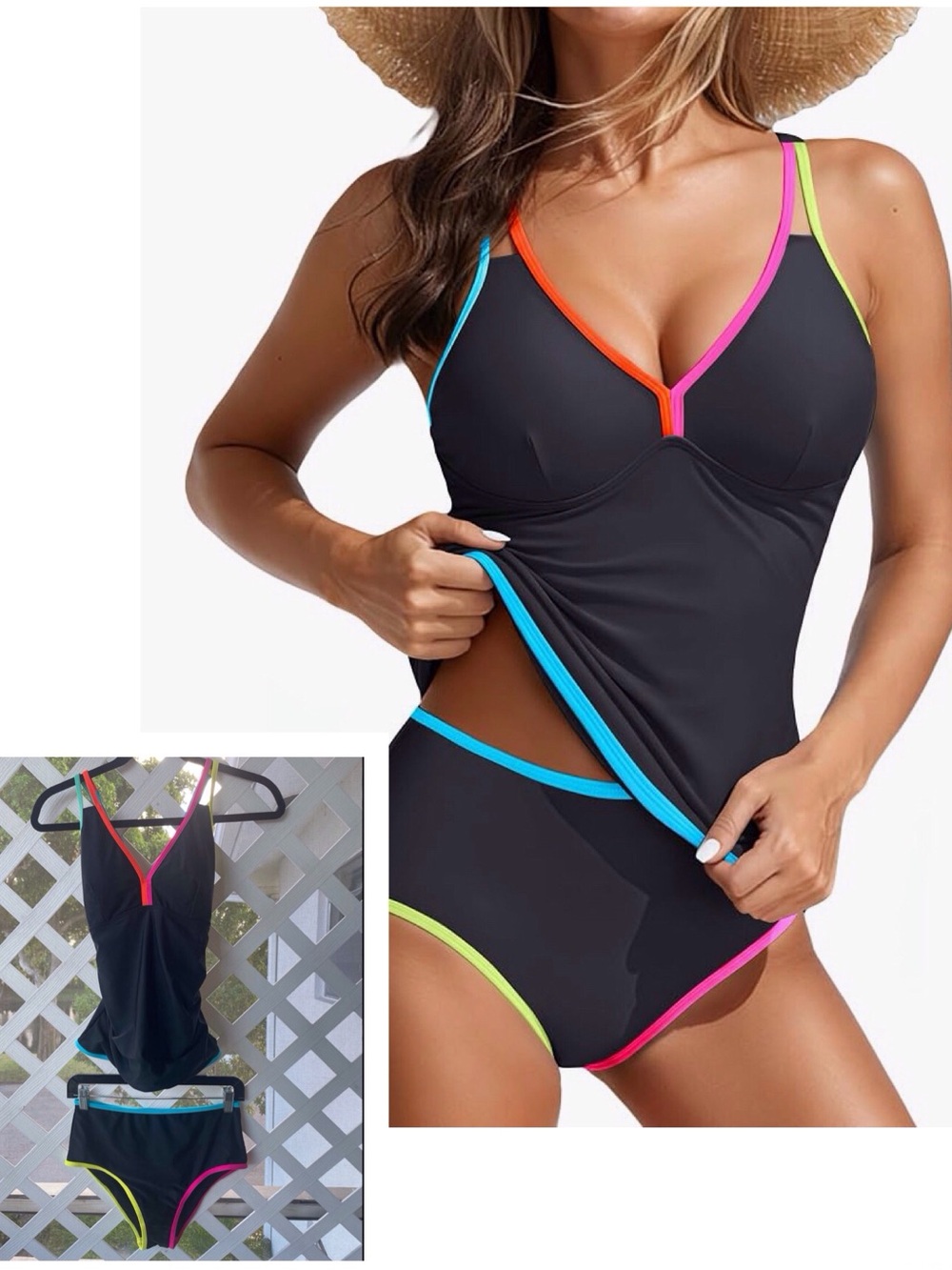 Blooming Jelly Tankini Swimsuit Set Medium Black Neon Colorblock Crisscross Tie